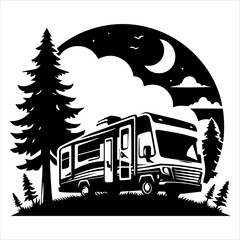 A  silhouette of a recreational vehicle in white background
