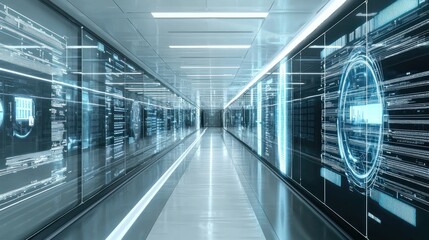 Futuristic data center corridor with interactive holographic displays