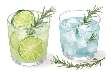 Refreshing gin and tonic cocktails garnished with lime and rosemary