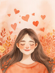 Minimalistic watercolor self-love portrait with flowers, hearts and dreamy background in warm pastel tones