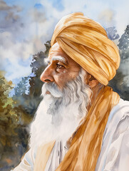 Realistic portrait of Guru Nanak Dev Ji with glowing aura and golden peaceful background in 16th-century Indian setting