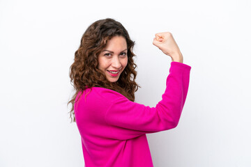 Young caucasian woman isolated on white background doing strong gesture
