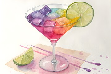 Vibrant rainbow cocktail with lime and ice cubes