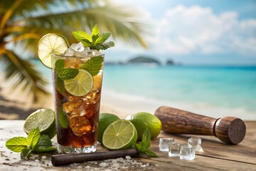 Refreshing mojito cocktail on a tropical beach with palm trees and ocean