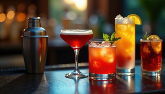 Assorted cocktails in glasses, cocktail shaker on table , lemon, party