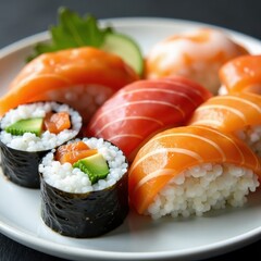 Close-up of assorted maki and nigiri sushi pieces on a plate, food photography, colorful