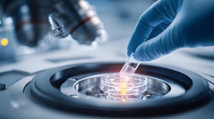 Obraz premium Hand in glove holding vial over petri dish on lab equipment for scientific research and analysis