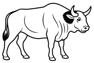 Line art shows a beefy bull with curved horns in clear outline