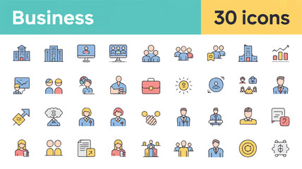 Collection of 30 business and finance icons with simple line art