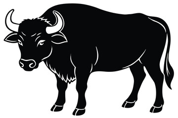 Imposing black bull with curved horns embodies strength and resilience within its powerful silhouette