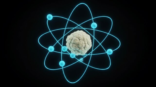 Atomic Structure, Science, Energy, Quantum Physics - A 3D video of an atom model with a textured nucleus and orbiting electrons depicted by glowing blue lines against a black background.
