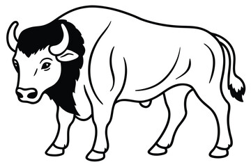 Strong buffalo with defined black outline standing attentively showcases its powerful form on white