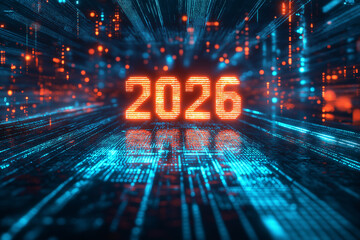 "2026" forms from glowing digital pixels on a dark screen, surrounded by binary streams, neon hues, and gridlines&mdash;capturing a sleek, futuristic, high-tech visual for next-gen design.
