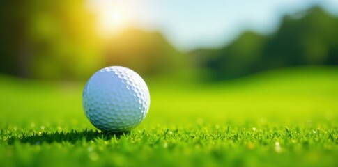 Crisp white golf ball on vivid green, sunlit, blurred golf course backdrop, macro, background