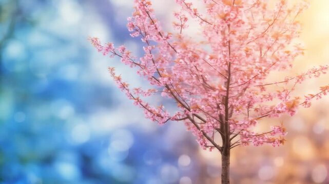 Delicate Pink Cherry Blossom Tree in Soft Focus - A single cherry blossom tree in full bloom, showcasing delicate pink flowers against a soft, blurred background of blue and yellow bokeh.