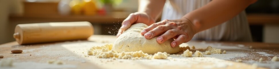 Flour dusts a sunny kitchen; tiny hands knead dough , bright, oven