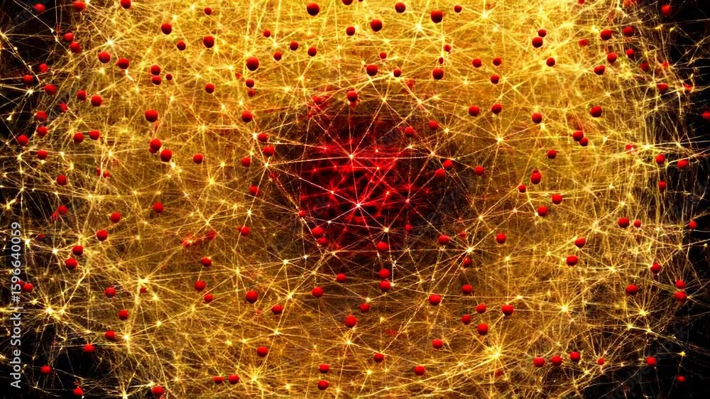 Wall mural intricate golden network with red nodes and glowing lines