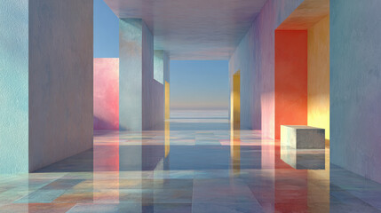 Pastel colored architectural corridor with reflective floor image