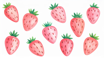 Watercolor painting of ripe strawberry set. Tasty and juicy berry. Hand drawn art. Isolated on white