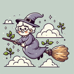 illustration of a witch flying on a broomstick