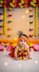 Naklejka premium Mobile HD Wallpaper of Baby Krishna with Flute – Krishna Janmashtami Special