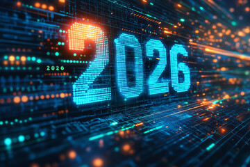 "2026" forms from glowing digital pixels on a dark screen, surrounded by binary streams, neon hues, and gridlines&mdash;capturing a sleek, futuristic, high-tech visual for next-gen design.