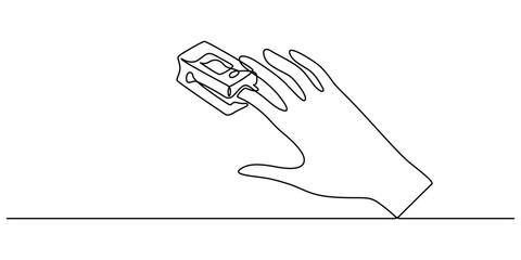 Continuous one line art drawing. Hand with oximeter on finger. Digital device to measure oxygen saturation in human, Single one line drawing Pulse Oximeter, finger medical device. Medical equipment.