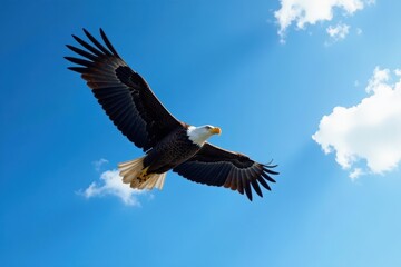 Obraz premium Majestic bald eagle in flight, wings outstretched, against a vibrant blue sky , nature, soar