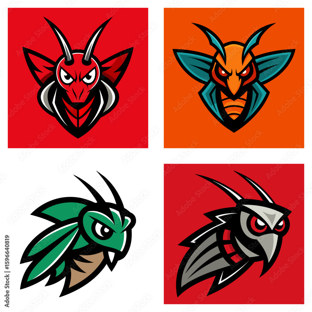 Poster collection of four insect mascot logos with distinct color schemes and aggressive facial expressions