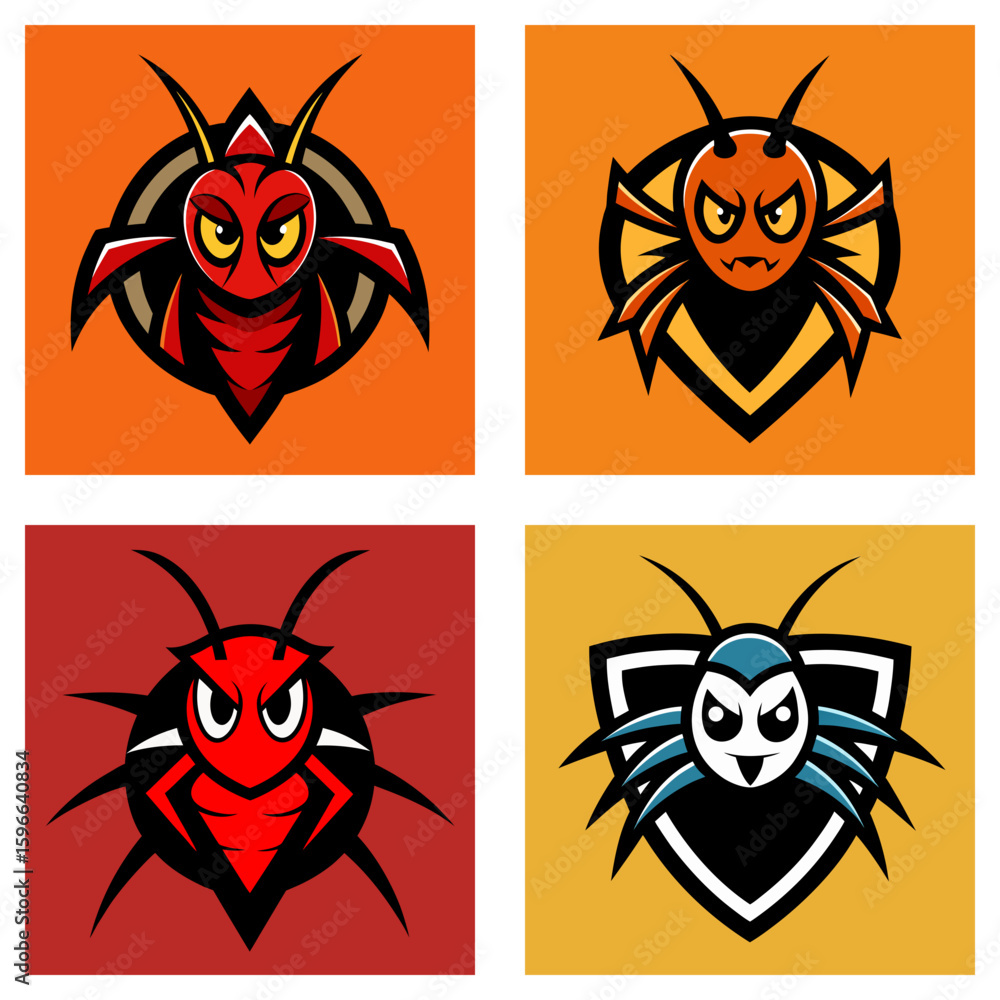 Poster four square images showing cartoon insect mascots with different colors and expressions on different