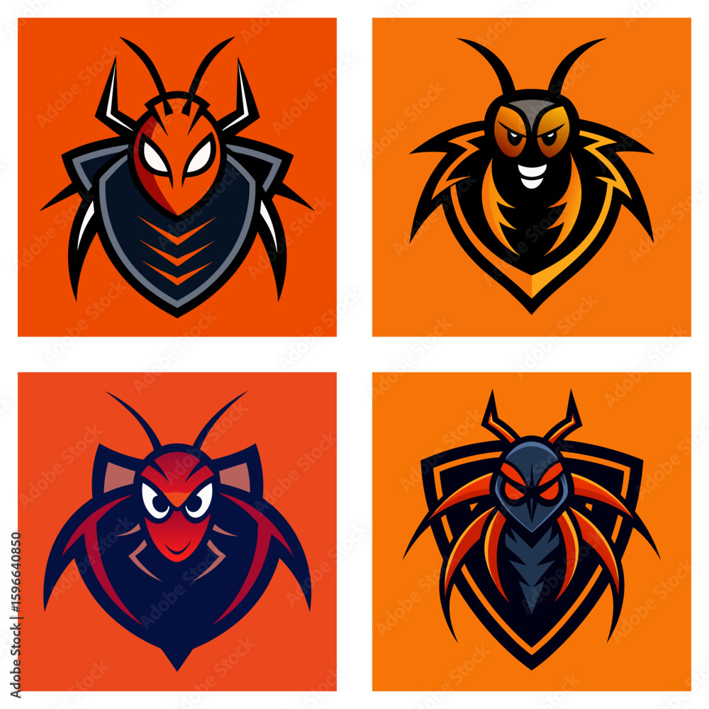 Poster four insect mascot logos displayed on an orange background in a square format design layout