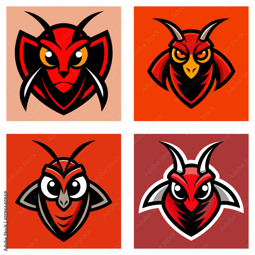 Aufkleber four square images displaying red devil mascot logos with varying designs and background colors show