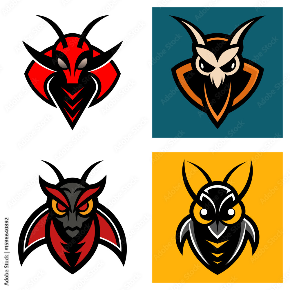 Aufkleber four stylized owl head designs with varied color schemes and geometric shapes in a square format lay
