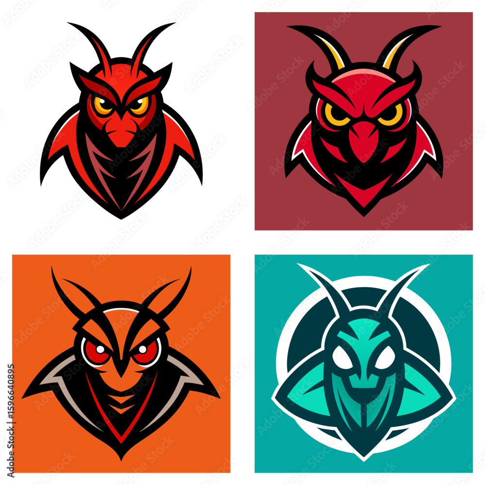 Poster four variations of an owl like creature with horns in different color schemes and backgrounds