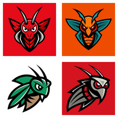 Collection of four insect mascot logos with distinct color schemes and aggressive facial expressions
