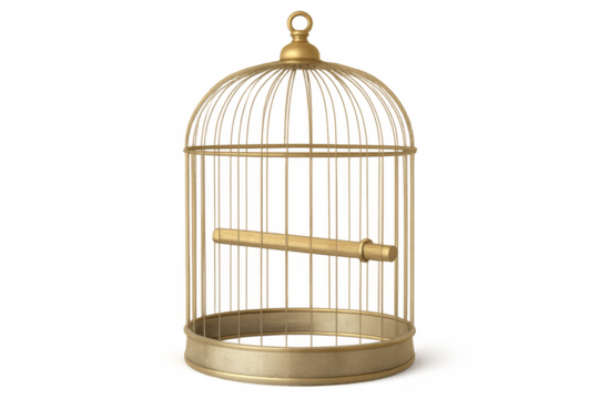 Ornate golden birdcage perched against translucent backdrop, representing liberation and potential