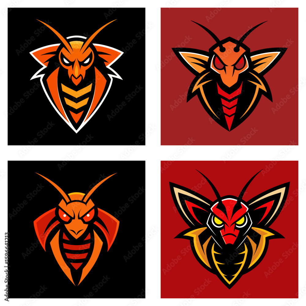 Aufkleber collection of four stylized hornet logos in orange and red tones with aggressive expressions and sha