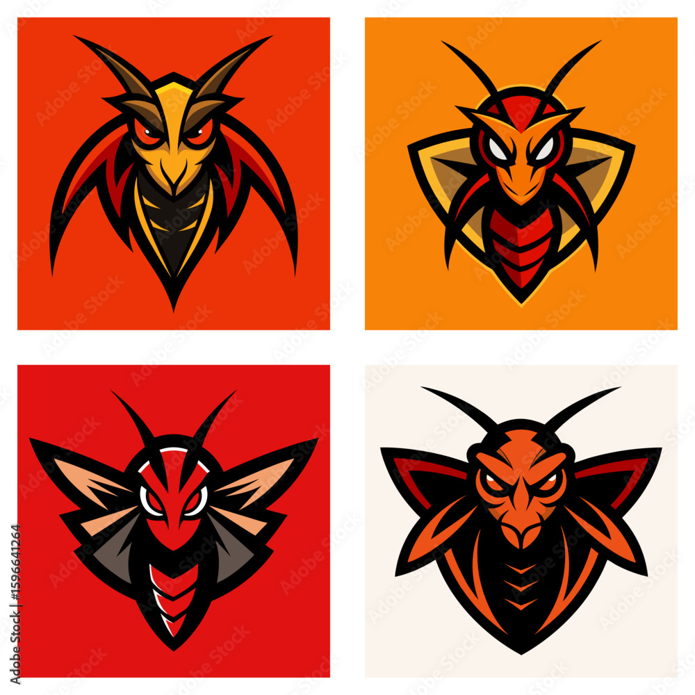 Poster collection of four stylized wasp logos with different color schemes and background shapes shown