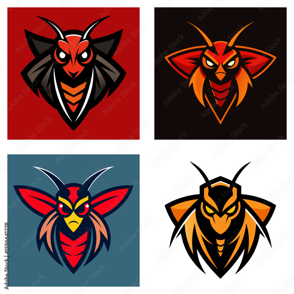 Poster four variations of a stylized wasp mascot logo with different color schemes and background colors sh