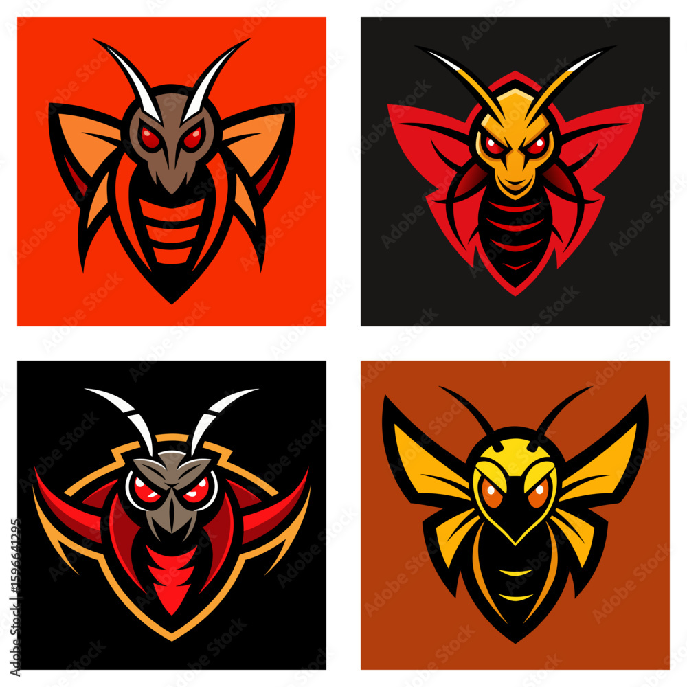 Poster collection of four stylized wasp logos with various color schemes and background variations design