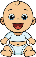 Cartoon baby sitting, wearing a diaper and shirt, smiling broadly, cheerful expression