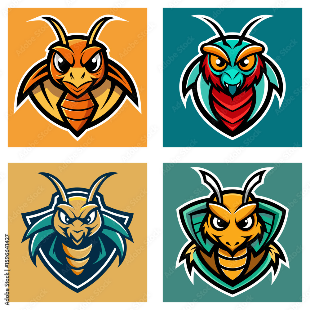 Poster four cartoon hornet mascot logos with different color schemes and shield design elements displayed