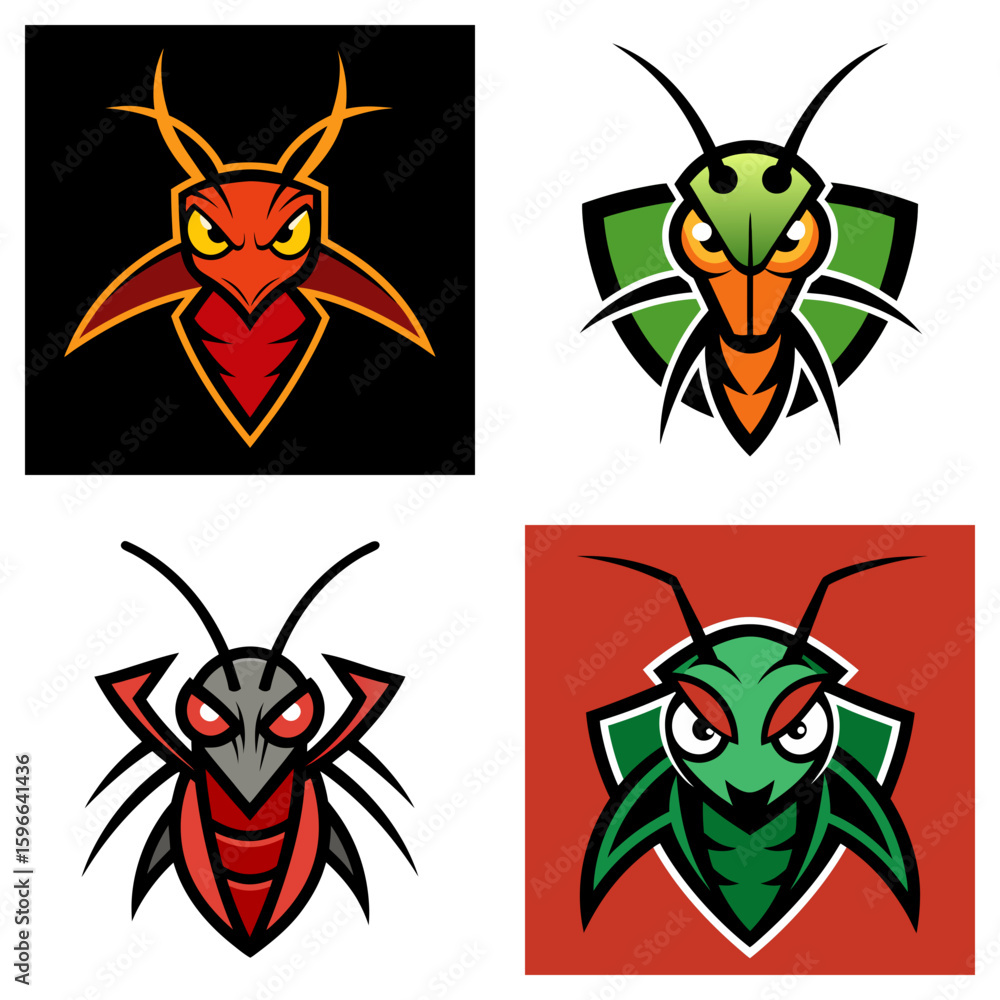 Poster collection of four stylized insect logos with vibrant colors and aggressive expressions in a square 