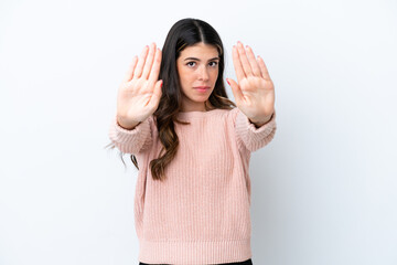 Young Italian woman isolated on white background making stop gesture and disappointed