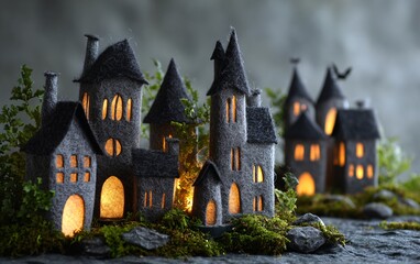 Obraz premium A row of three houses made from dark gray paper mache, each house has lights on inside and there is some bokeh in the background with bats flying around. 