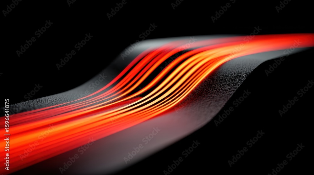 Poster abstract glowing red and orange light trails curve smoothly over a dark textured surface, creating a