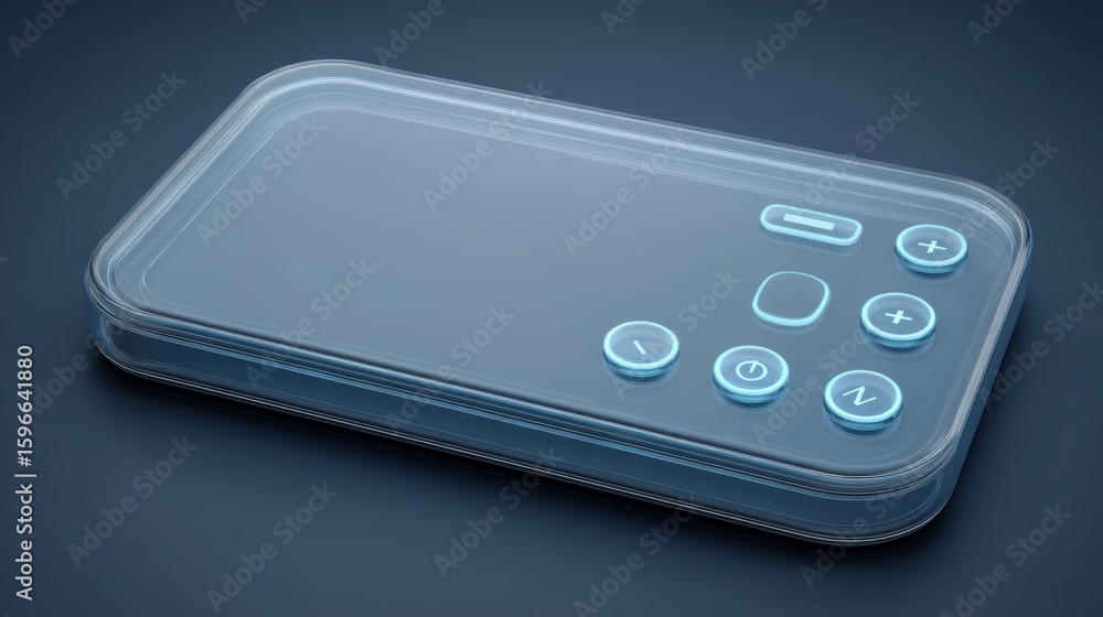 Poster transparent futuristic touchscreen device with sleek rounded edges and control buttons, showcasing m