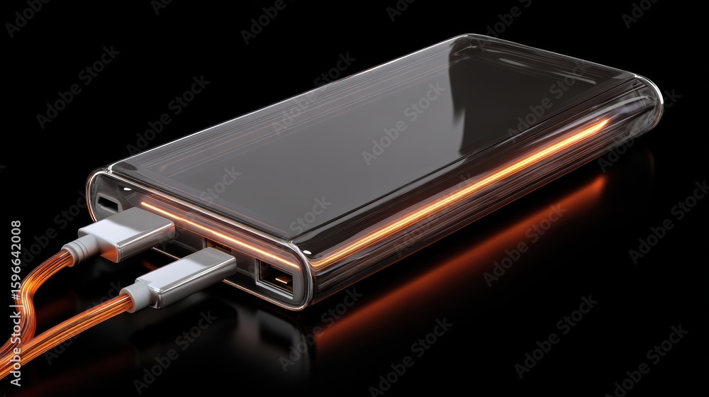 Aufkleber a sleek transparent power bank with illuminated edges is charging two devices simultaneously via usb