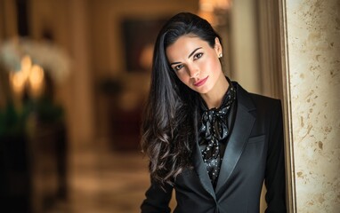 Obraz premium A beautiful brunette woman in a black silk shirt and blazer, with long hair, standing at a hotel reception desk. The background is blurred, with soft lighting,