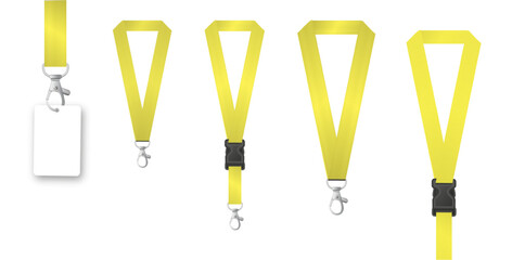 Badges Lanyard design. Identification card with ribbon. Metal closure and card with plastic. Accreditation for events congresses and companies. Vector